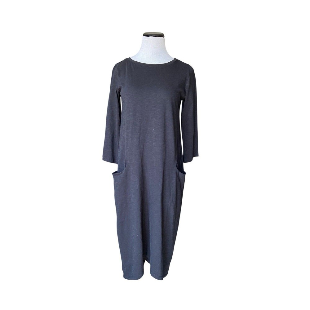 LOGO by Lori Goldstein Womens Cotton Slub Dress Size XS Black Lagenlook Pockets